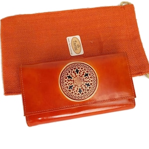 Womens Leather  Wallet ,pink yellow orange leather Mandala wallet, Mandala clutch, hand painted wallet, Christmas gift for women