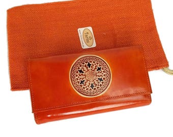 Hand Painted Leather Mandala Wallet: Women's Clutch, Happy Orange credit card wallet, genuine handmade