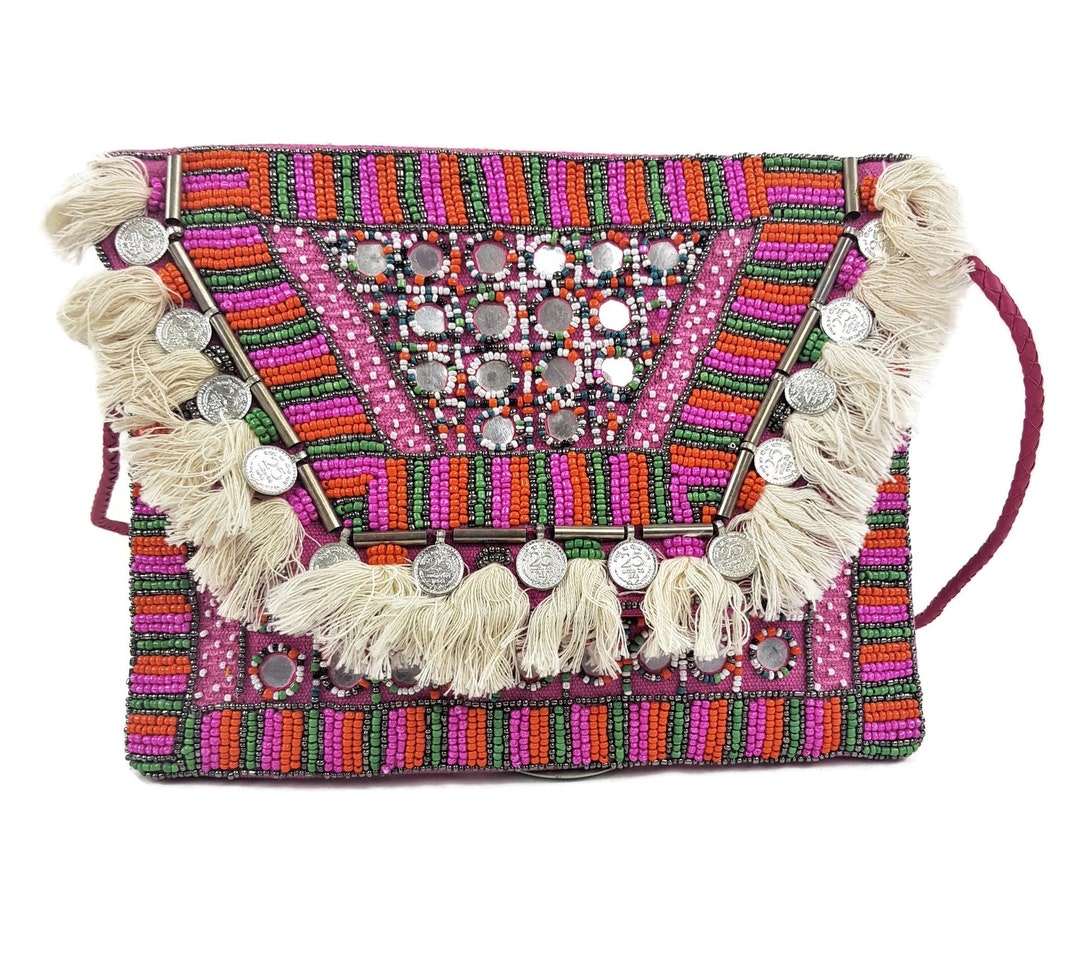 Buy Boho Chic Pink Clutch: Embroidered Cotton Canvas Bag With