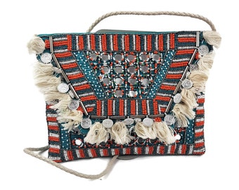 Beaded Boho Clutch: Banjara Fashion Handbag with Leather Rope by Tarini