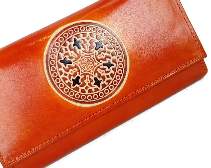 Featured listing image: Handmade Orange Leather Wallet: Mandala Design, Women's Clutch