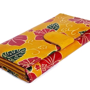 Damen Leder Portemonnaie Blume geprägt handbemalt, einzigartiges Portemonnaie für Frauen, Blumenfrühlingsbrieftasche, rote gelbe Lederbrieftasche, iPhone Kupplung