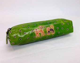 Handmade Leather Cosmetic Bag: Green Cat Design, Gift for Cat Lovers