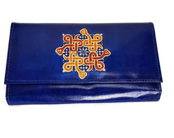 Hand Painted Leather Wallet: Blue Celtic Snake Mandala