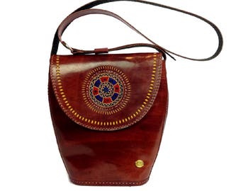 Hand Tooled genuine Leather Crossbody hardcase bag, Brown Boho Messenger