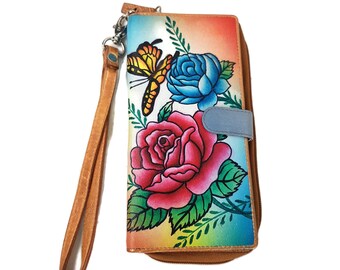 Hand-Painted Leather Wristlet Wallet: Floral Design, Detachable Strap