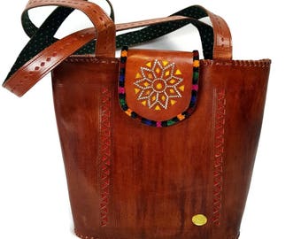 Handmade Leather Bucket Tote for Women : Embroidered Boho Shoulder Bag