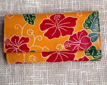 Hand Painted Leather Wallet: Floral Embossed iPhone Clutch
