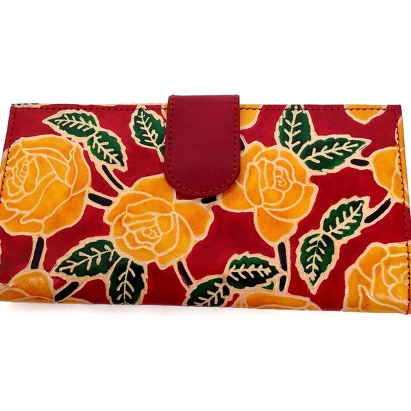 Womens Leather Wallet , hand painted English roses  red wallet, Handtasche der Frauen, Christmas Gifts for her,  leather wallets by Tarini