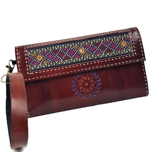 Portefeuille en cuir bohème pour femme, bracelet en cuir véritable, portefeuille bohème brodé marron, cadeaux de Noël pour femme, cadeaux pour elle