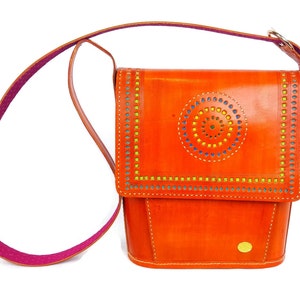 Tarini Tote for women, Genuine leather orange Tote, hand tooled womens leather shoulder bag, Burnt orange hard case bag, FREE Gift Inclsv.