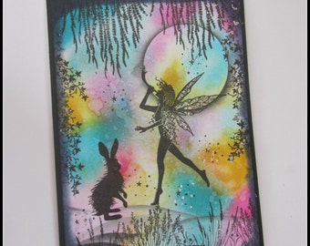 Fairy card, Fairy and hare card, Rainbow fairy card, Frameable fairy picture