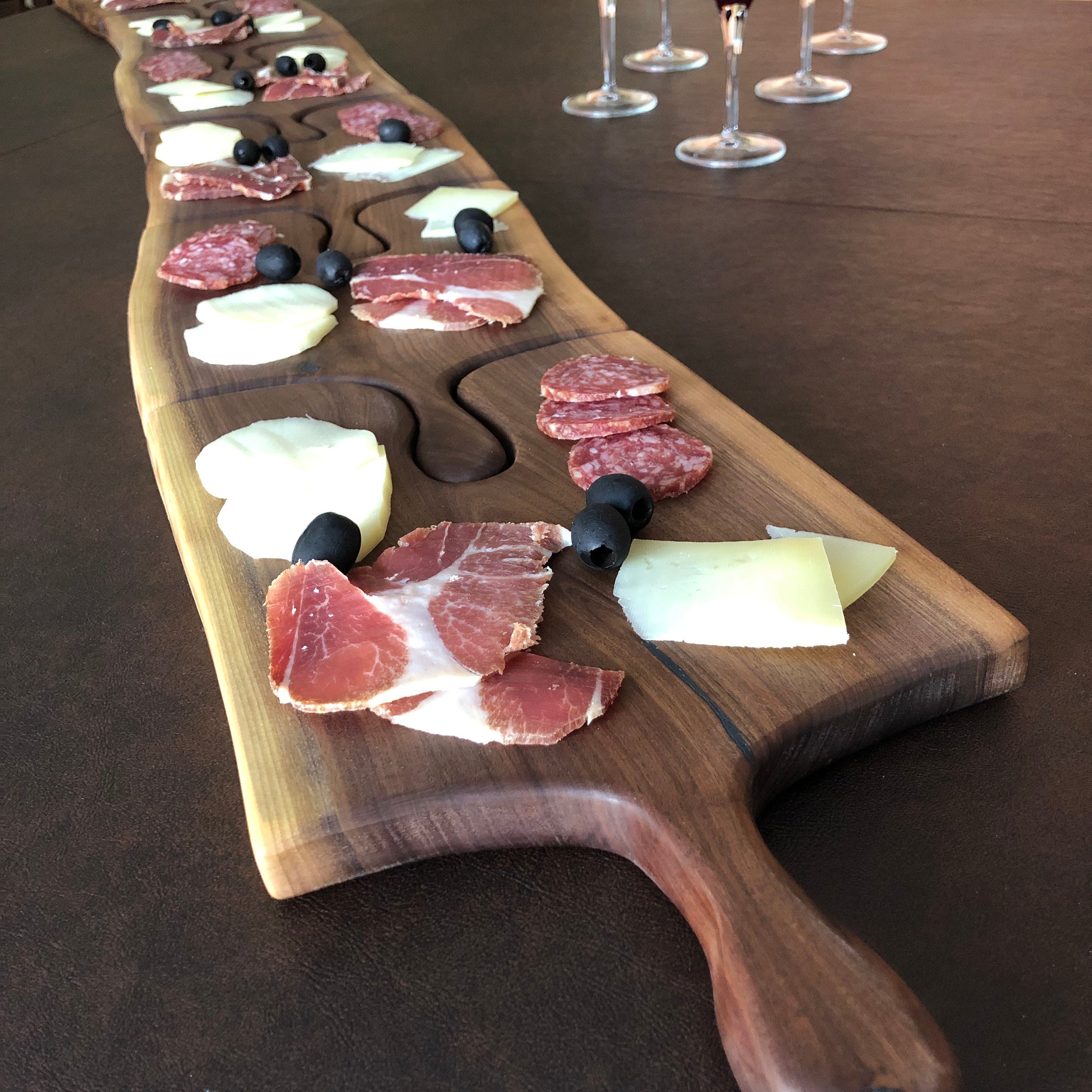 Party Puzzle Boards Walnut Live Edge Charcuterie Board Etsy
