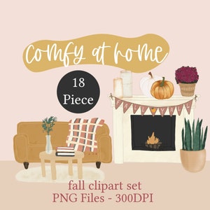Fall Clipart Set - Cozy At Home - Boho Home Clipart- Pumpkin Clipart - Furniture Clipart -  PNG Clipart - Autumn - Plant Clipart -