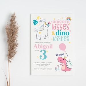 dino unicorn girly girl birthday invitation, printable birthday invite, edit in canva, digital, editable, unicorn kisses, dino, any age