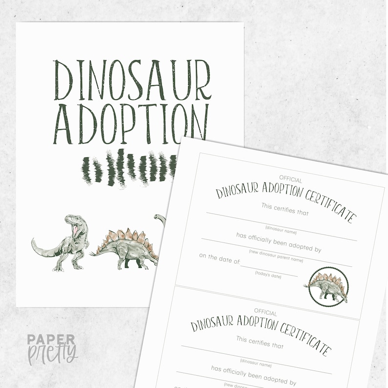 Dinosaur Adoption Printable With Certificates Included T Rex | Etsy
