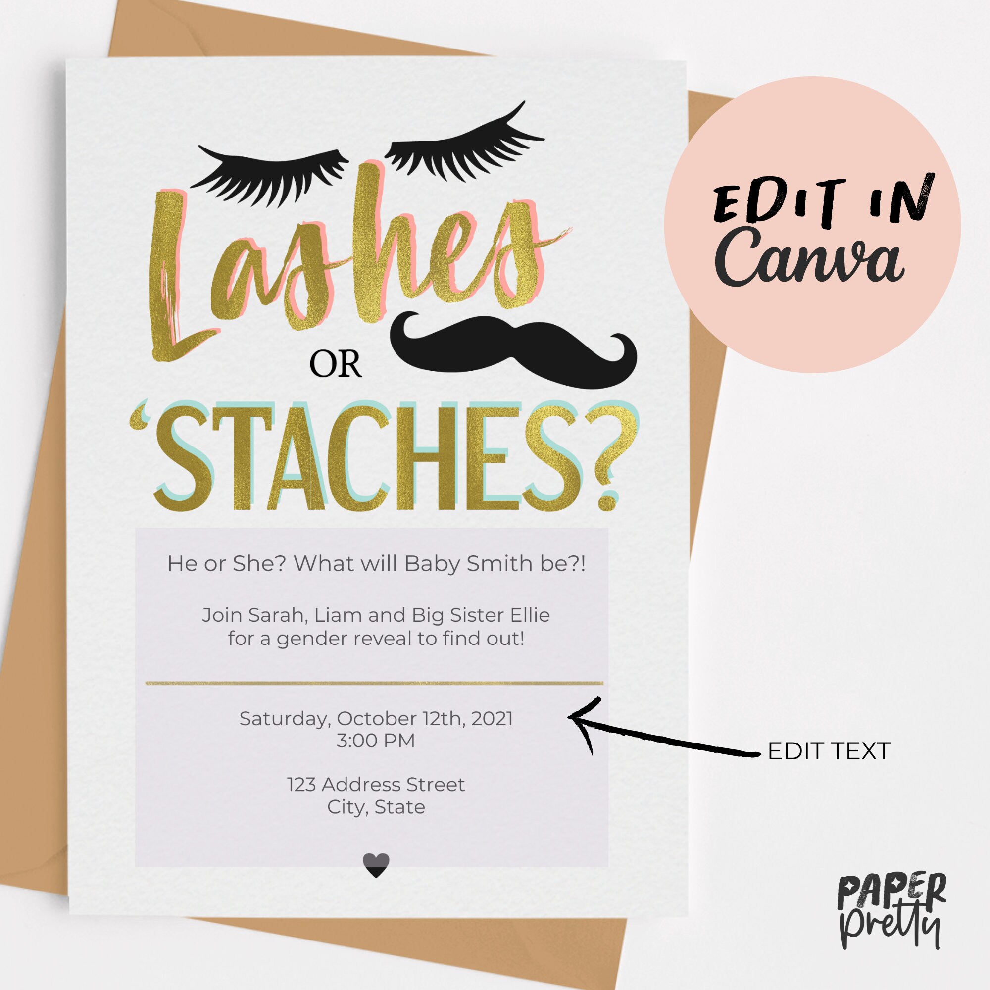 Lashes or Staches Gender Reveal Party, Simple Invitation Template, Gold