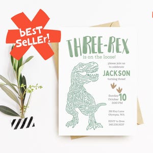 Three Rex Third Birthday Invite, Dinosaur Party Theme Invitation, 3, Girl Dinosaur  Birthday Invite Template, T-Rex Theme, Tyrannosaurus