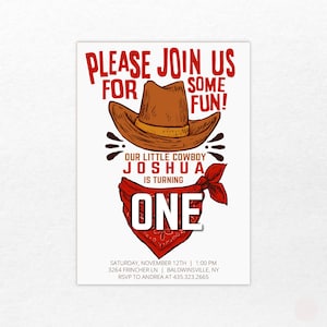 Cowboy Invitation | Printable Birthday Invite | Saddle Up | Cowboy Party | Hat and Bandana | Our Little Cowboy | Western | Cowboy Theme