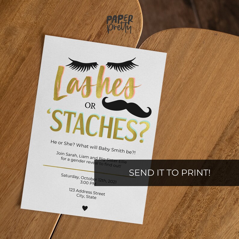 Lashes or Staches Gender Reveal Party, Simple Invitation Template, Gold
