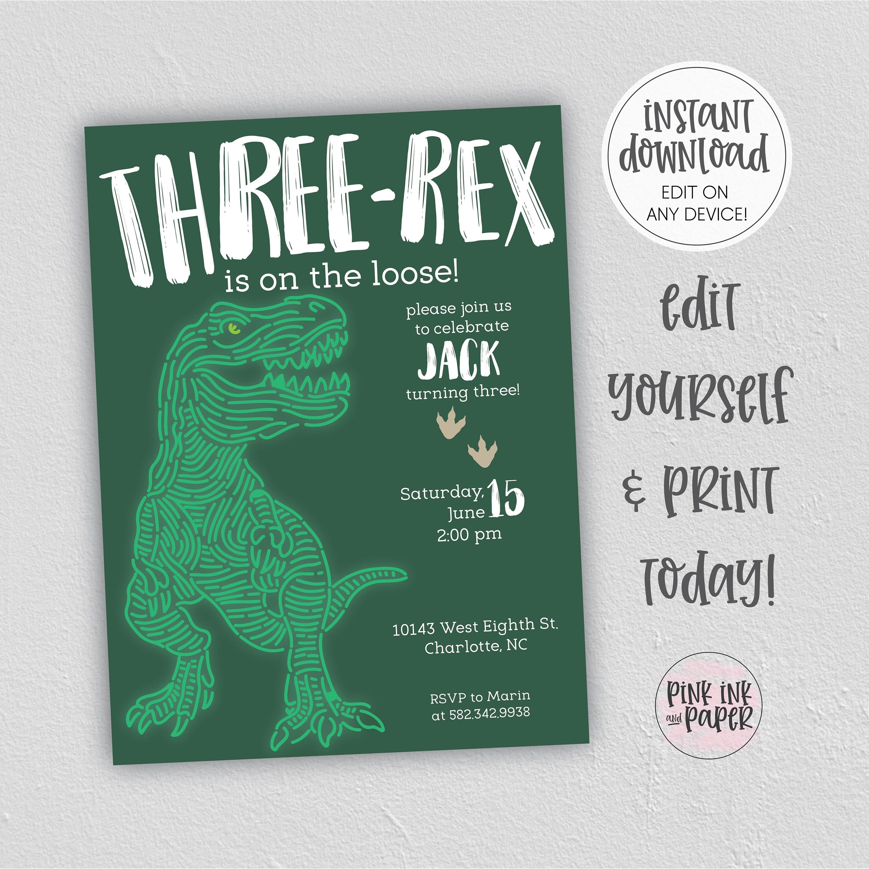 Three Rex Dinosaur Birthday Party Invitation Third Birthday Etsy