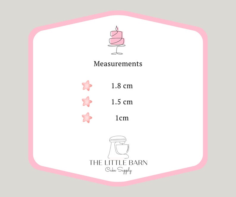 May include: Pink and white cake topper with three different sizes: 1.8 cm, 1.5 cm, and 1 cm. The topper is shaped like a star and is perfect for decorating cakes and cupcakes.