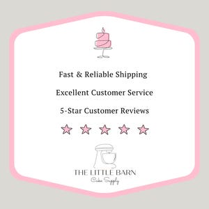 May include: Pink and white graphic with a pink cake, a pink mixer, and five pink stars. The text reads "Fast & Reliable Shipping", "Excellent Customer Service", "5-Star Customer Reviews", "THE LITTLE BARN", and "Cake Supply".