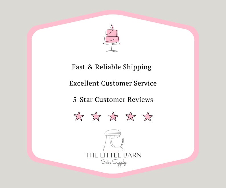 May include: Pink and white graphic with a pink cake, a pink mixer, and five pink stars. The text reads "Fast & Reliable Shipping", "Excellent Customer Service", "5-Star Customer Reviews", "THE LITTLE BARN", and "Cake Supply".
