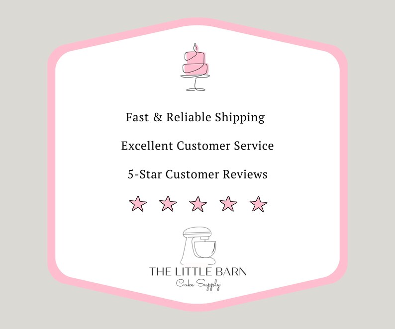 May include: Pink and white graphic with a pink cake, a pink mixer, and five pink stars. The text reads "Fast & Reliable Shipping", "Excellent Customer Service", "5-Star Customer Reviews", "THE LITTLE BARN", and "Cake Supply".