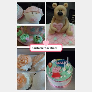 May include: A collage of custom cakes and cupcakes. The cakes are decorated with fondant figures of a baby, a teddy bear holding a heart, and Peppa Pig. The cupcakes are decorated with flowers, a bee, and a butterfly.