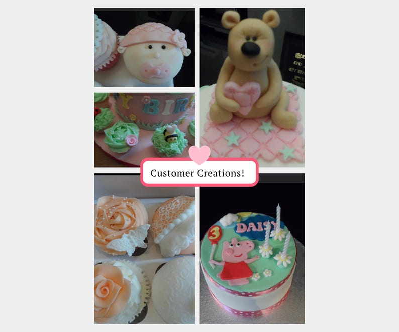 May include: A collage of custom cakes and cupcakes. The cakes are decorated with fondant figures of a baby, a teddy bear holding a heart, and Peppa Pig. The cupcakes are decorated with flowers, a bee, and a butterfly.