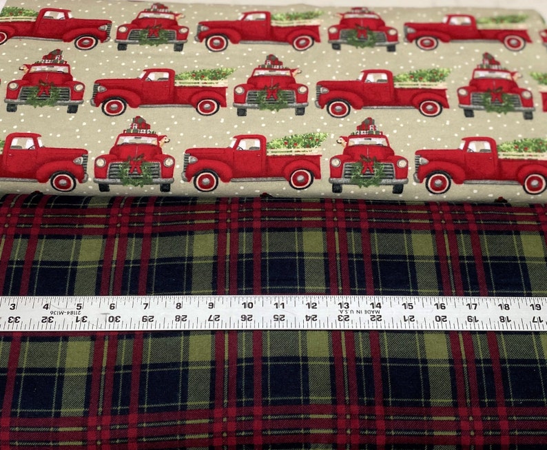 CHRISTMAS Vintage Red Truck Flannel Fabric By the Yard Etsy