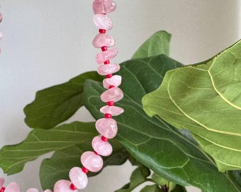 Pink Quartz and Red Bead Necklace – Handmade Minimalist Jewelry