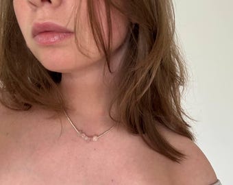 Unique Silver Glass Bead & Rose Quartz Necklace – Minimalist Boho Jewelry – 15.5" Handmade