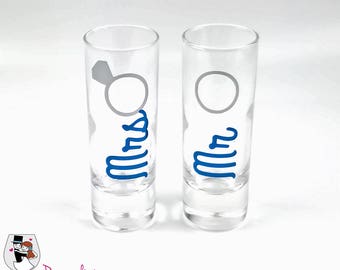 Personalized shot glass pair - bride & groom set - rings - wedding party - Mr and Mrs