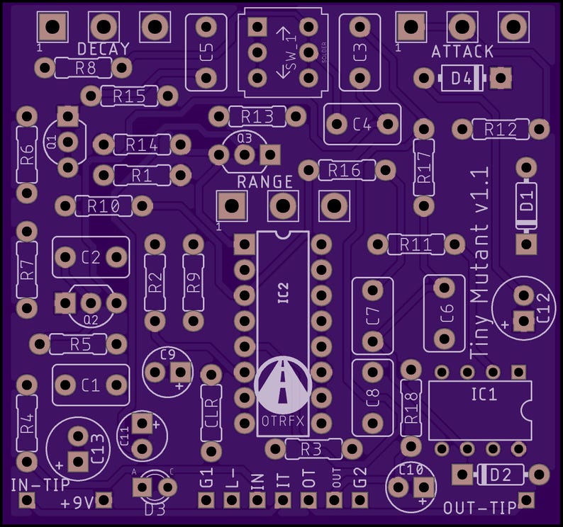 May include: A purple printed circuit board labeled Tiny Mutant v1.1 with white silkscreen markings. It features various component footprints including resistors, capacitors, transistors, and two integrated circuit sockets labeled IC1 and IC2.