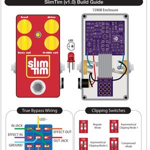 Peut inclure: Un guide de montage SlimTim v1.0 pr&eacute;sentant une illustration de p&eacute;dale de guitare rouge avec quatre boutons jaunes, un circuit imprim&eacute; violet dans un bo&icirc;tier 1590B, un sch&eacute;ma de LED rouge, un c&acirc;blage true bypass et quatre modes de commutation.