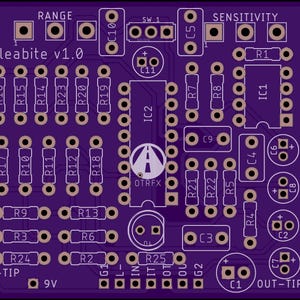 May include: A purple printed circuit board labeled Fleabite v1.0 and OTRFX, featuring numerous component footprints for resistors, capacitors, and integrated circuits, with clearly marked labels for RANGE, SENSITIVITY, IN-TIP, OUT-TIP, and 9V.