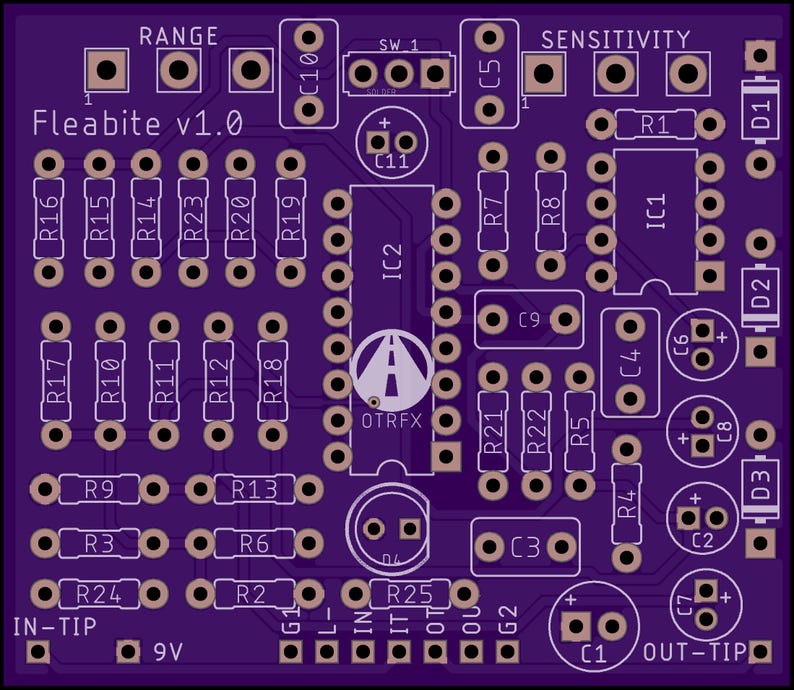 May include: A purple printed circuit board labeled Fleabite v1.0 and OTRFX, featuring numerous component footprints for resistors, capacitors, and integrated circuits, with clearly marked labels for RANGE, SENSITIVITY, IN-TIP, OUT-TIP, and 9V.