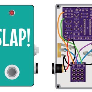 May include: A teal guitar effects pedal enclosure with the word SLAP! printed in white, a red LED, and a silver footswitch. Beside it, an open pedal chassis reveals a purple circuit board, internal wiring, and a 3PDT footswitch component.