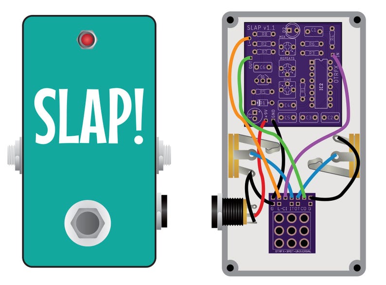 May include: A teal guitar effects pedal enclosure with the word SLAP! printed in white, a red LED, and a silver footswitch. Beside it, an open pedal chassis reveals a purple circuit board, internal wiring, and a 3PDT footswitch component.