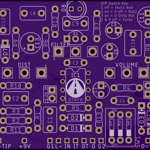 May include: A purple printed circuit board labelled OmniRat v1.0 with various component mounting holes, labelled resistors, capacitors, diodes, and a DIP switch. The board includes a DIP Switch Key guide and an OTRFX logo near the central IC1 slot.