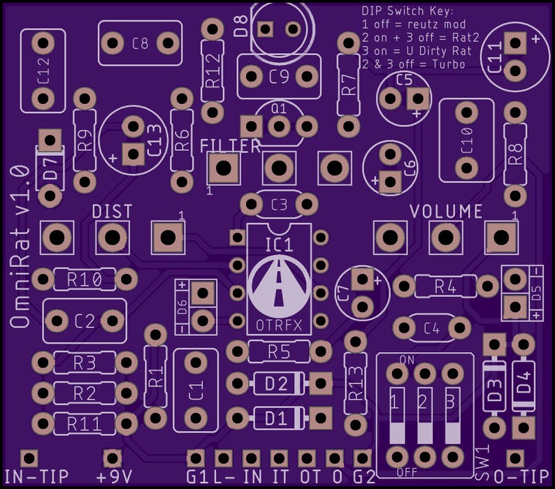 May include: A purple printed circuit board labelled OmniRat v1.0 with various component mounting holes, labelled resistors, capacitors, diodes, and a DIP switch. The board includes a DIP Switch Key guide and an OTRFX logo near the central IC1 slot.