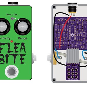 May include: A green guitar effects pedal labeled Flea Bite with two silver knobs, a toggle switch, and a footswitch. The internal view shows a purple circuit board, wiring, and a metal enclosure with input and output jacks on the sides.