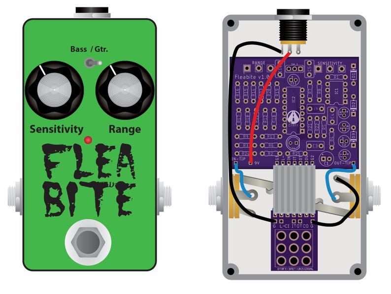 May include: A green guitar effects pedal labeled Flea Bite with two silver knobs, a toggle switch, and a footswitch. The internal view shows a purple circuit board, wiring, and a metal enclosure with input and output jacks on the sides.