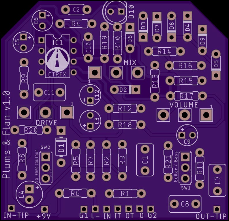 May include: A purple printed circuit board for the Plums & Flan v1.0 guitar pedal project. The board features labelled component placements for resistors, capacitors, diodes, and an integrated circuit, with text markings for Drive, Mix, and Volume.