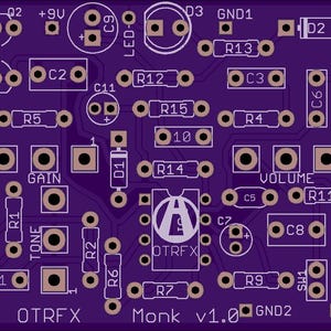 May include: A purple printed circuit board with electronic components, including resistors, capacitors, and transistors. The board has text that reads "OTRFX Monk v1.0".