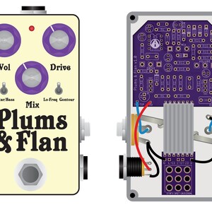 May include: A Plums & Flan guitar effects pedal featuring a cream-coloured enclosure with three purple knobs, a footswitch, and labels for Vol, Drive, Mix, Guitar/Bass, and Lo-Freq Contour. The right side shows the internal purple circuit board.