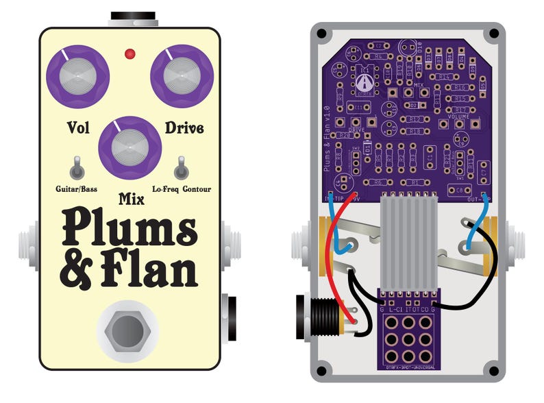 May include: A Plums & Flan guitar effects pedal featuring a cream-coloured enclosure with three purple knobs, a footswitch, and labels for Vol, Drive, Mix, Guitar/Bass, and Lo-Freq Contour. The right side shows the internal purple circuit board.