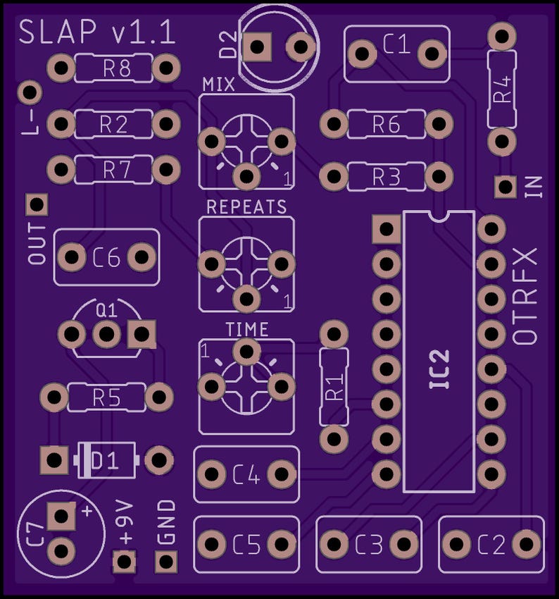 May include: A purple printed circuit board labeled SLAP v1.1 with white silkscreen markings. It features designated spots for components including resistors R1 through R8, capacitors C1 through C7, diodes D1 and D2, transistor Q1, and an IC2 chip.
